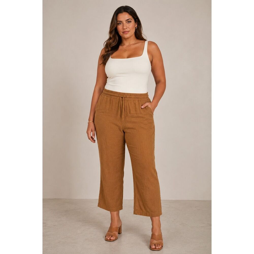 Hard tail Midrise 100% linen tan cropped pants Medium Lagenlook #768